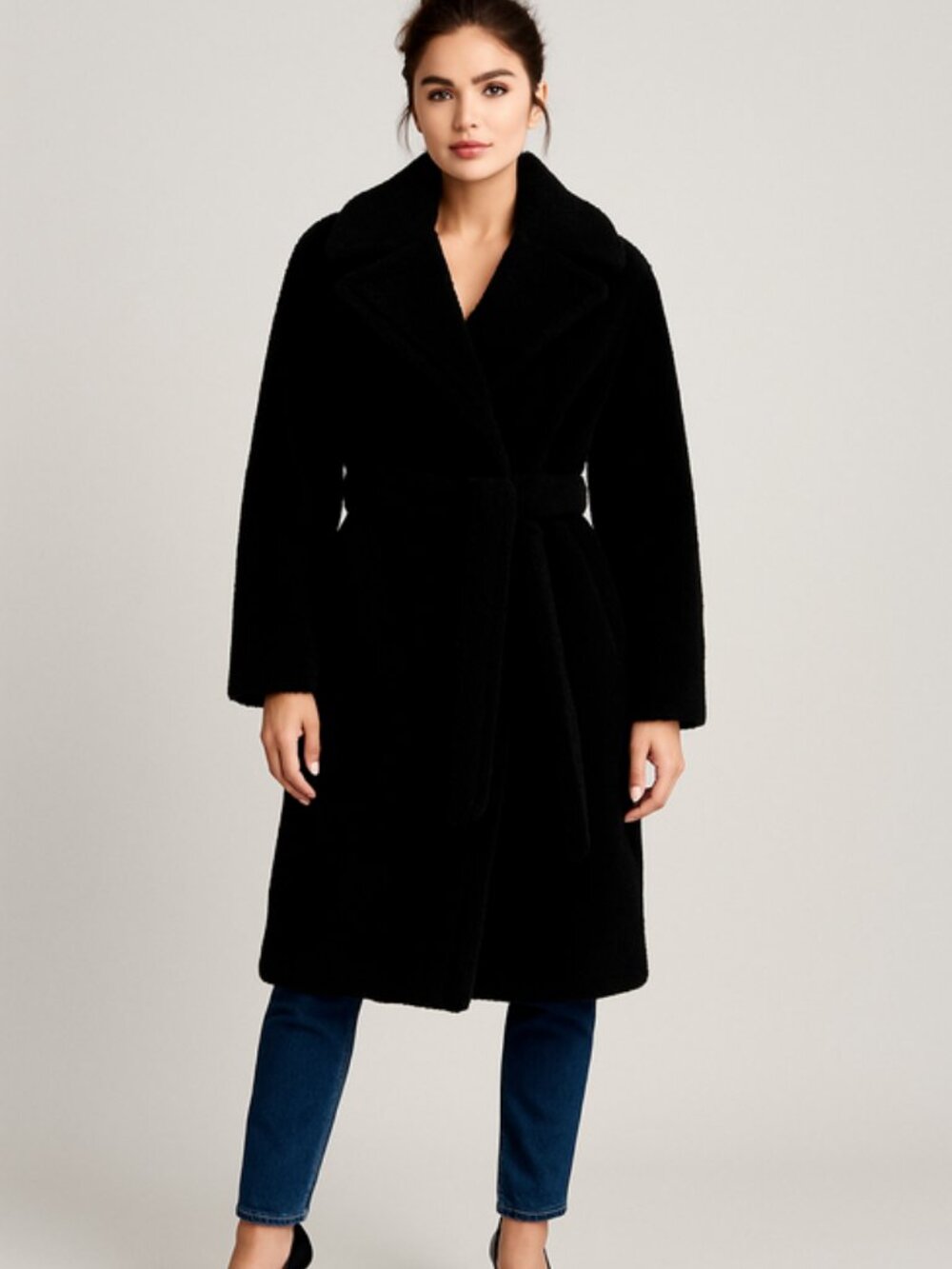 Gap Black Long Sherpa Teddy Trench Coat Double Breasted Belted Midi Jacket M